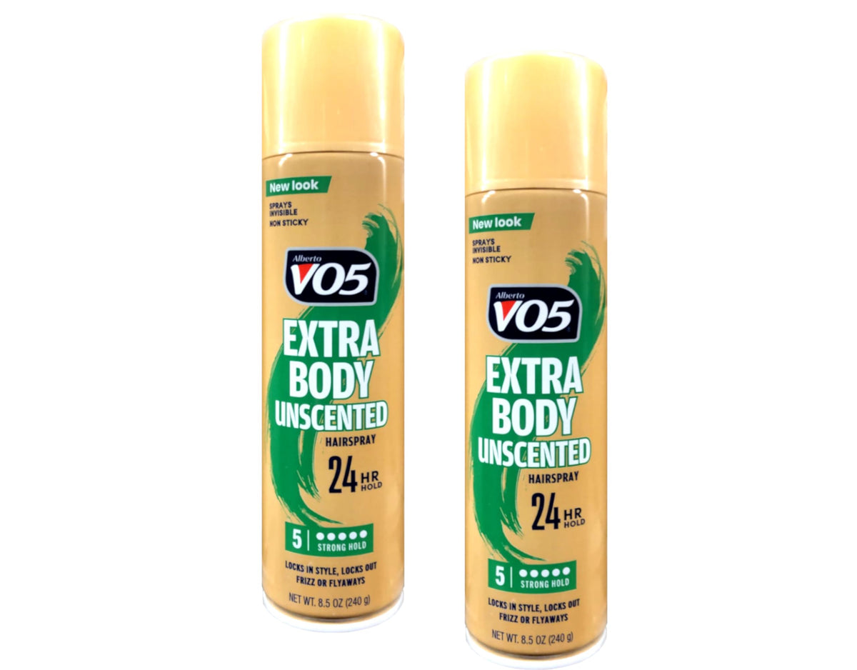 Alberto VO5 Crystal Clear Hairspray bottle, unscented, for strong all-day hold.
