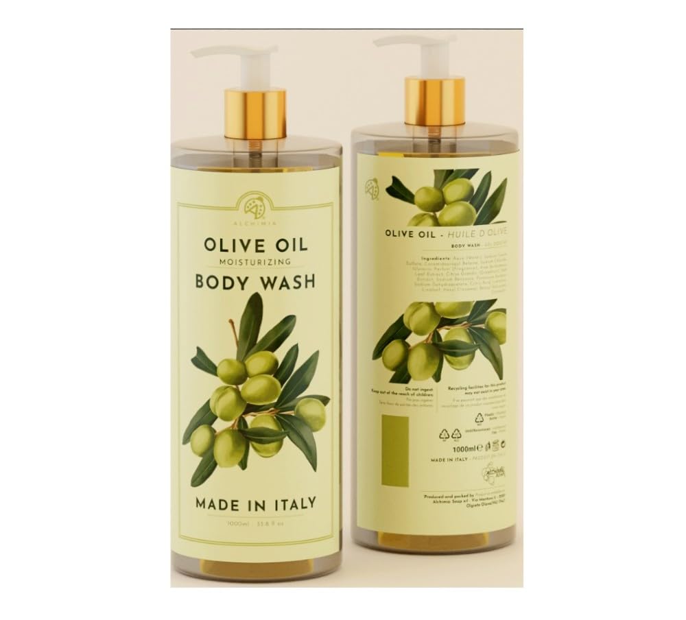 Alchimia Olive Oil Moisturizing Body Wash ingredients panel showing aloe and grapefruit for natural hydration.
