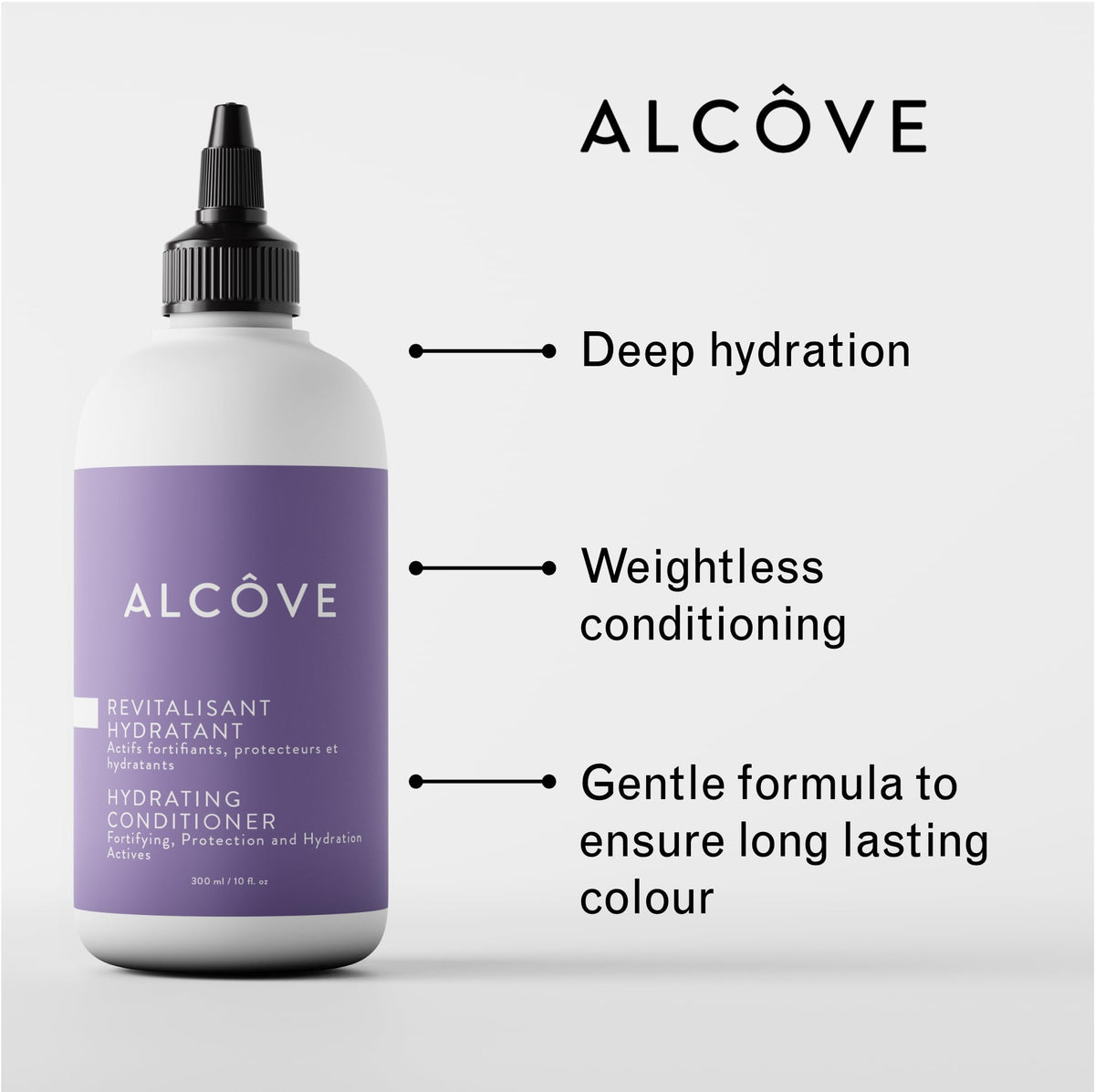 Alcôve lightweight conditioner tub ready to nourish and smooth strands.