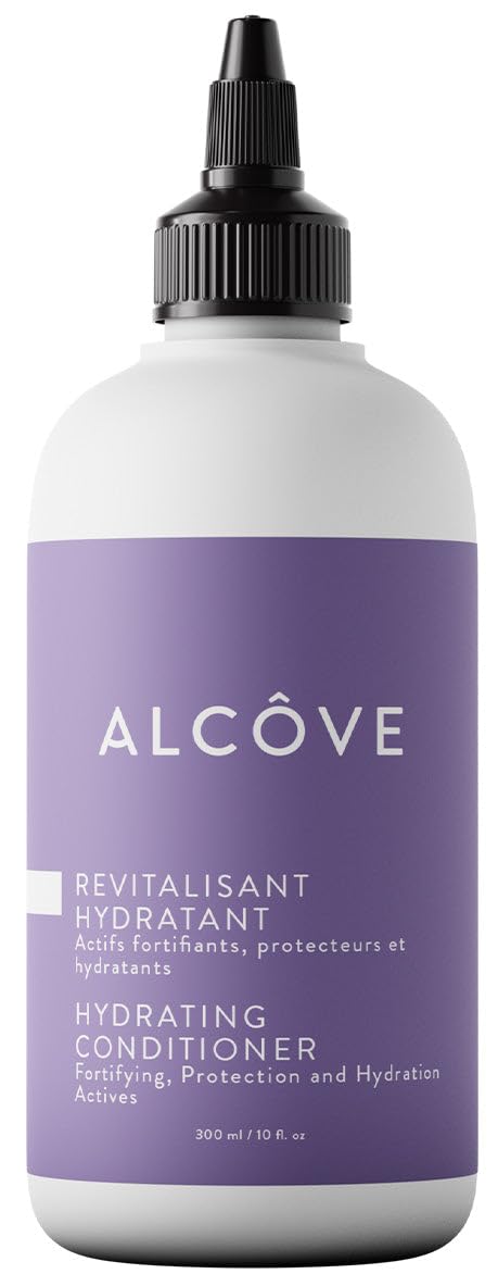 Alcôve hydrating conditioner bottle highlighting argan oil for silky, frizz-free hair.