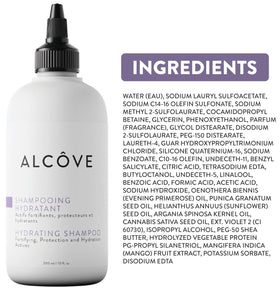 Alcove Hydrating Shampoo bottle with curls in background indicating suitability for all hair types