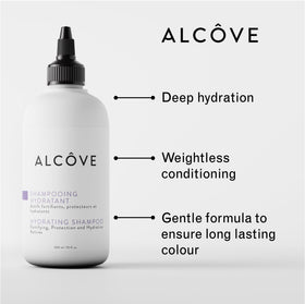 Alcove Hydrating Shampoo with evening primrose oil label highlights nourishing hydration