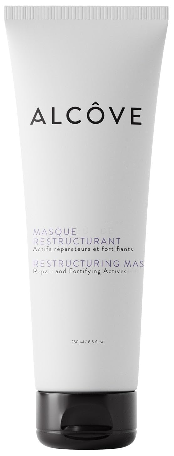 Alcove Restructuring Mask bottle with avocado, moringa, hempseed oils for deep conditioning.