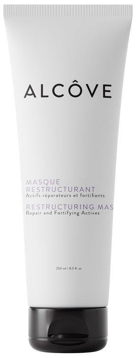 Alcove Restructuring Mask bottle with avocado, moringa, hempseed oils for deep conditioning.