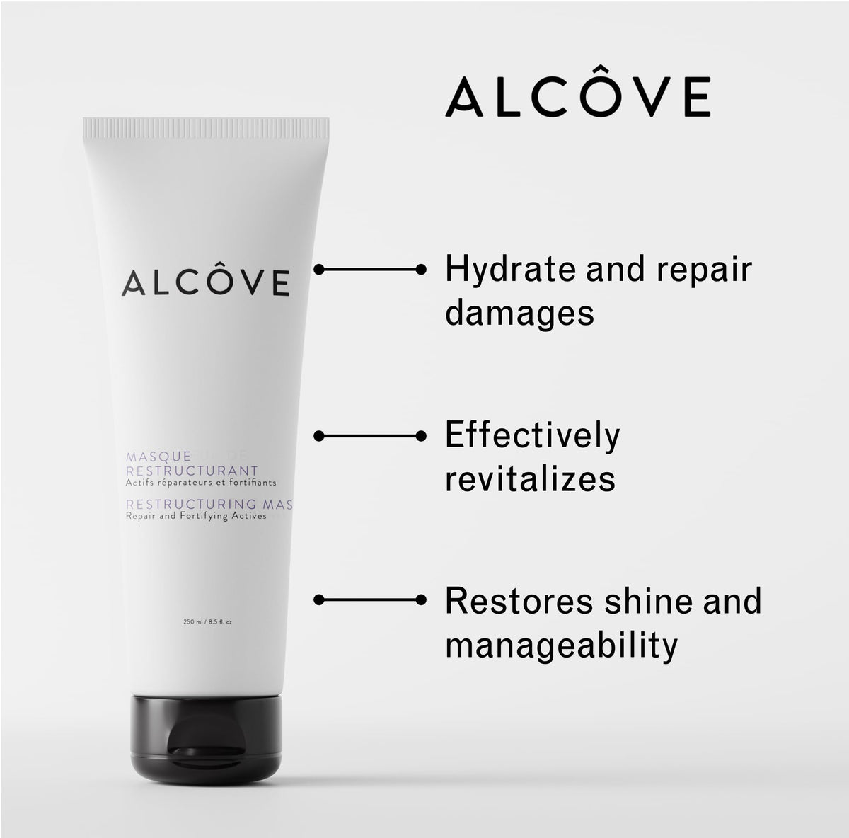 Alcove Restructuring Mask ingredients showcase nourishing oils for hydration.