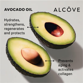 Alcôve Serum frizz-smoothing close-up highlights instant shine and tangle-free strands.
