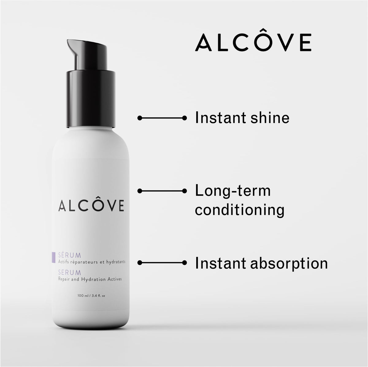 Alcôve Serum texture swatch shows lightweight, non-greasy hydration for color-treated hair.
