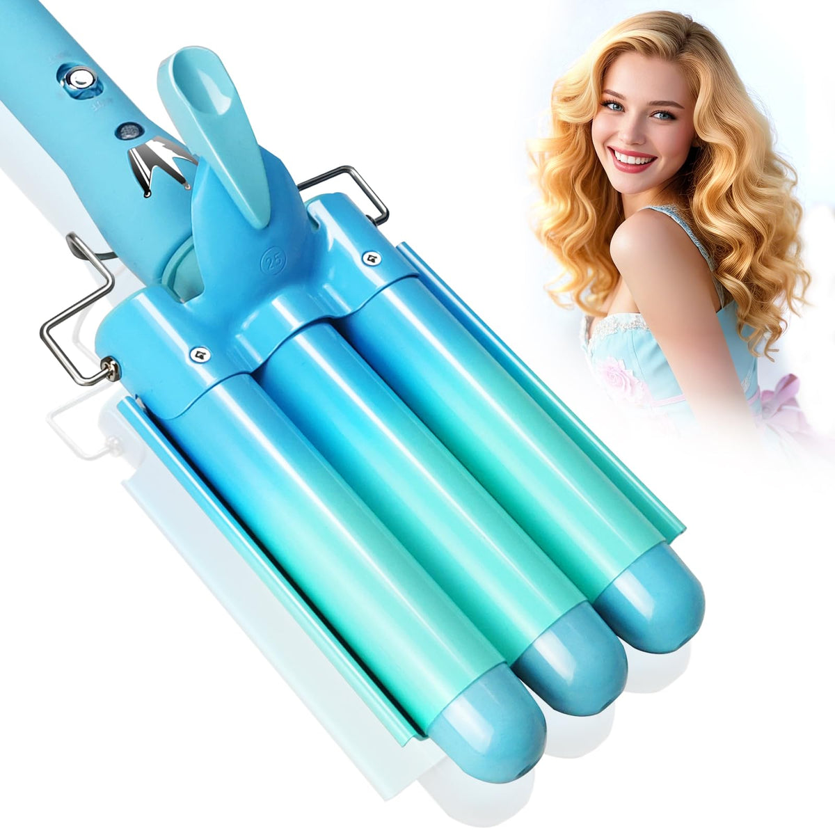 Aleath 3-barrel curling iron blue front view showcases natural curls.