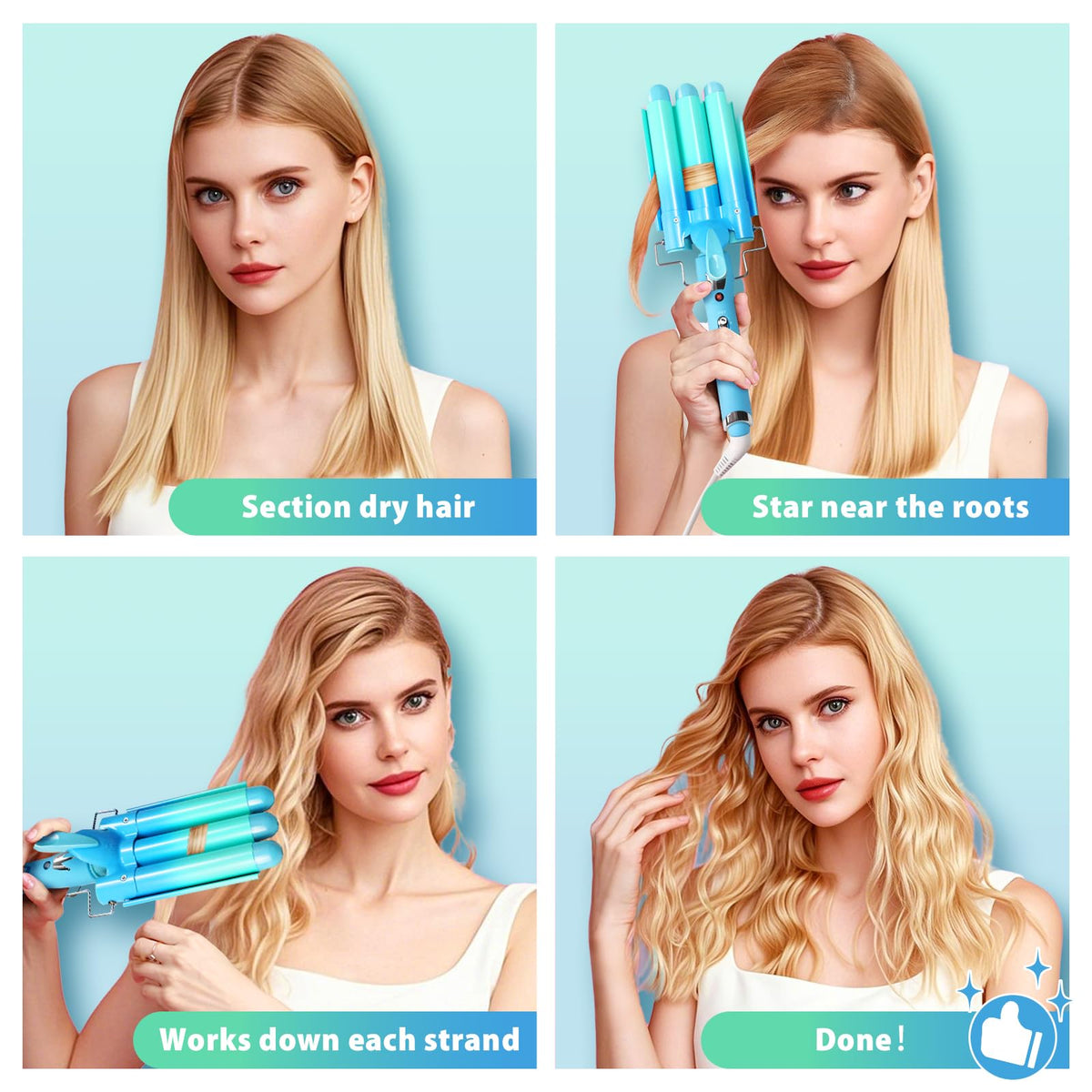 Aleath 3-barrel curling iron blue side view creates seamless waves.