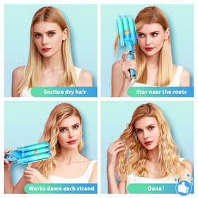 Aleath 3-barrel curling iron blue side view creates seamless waves.