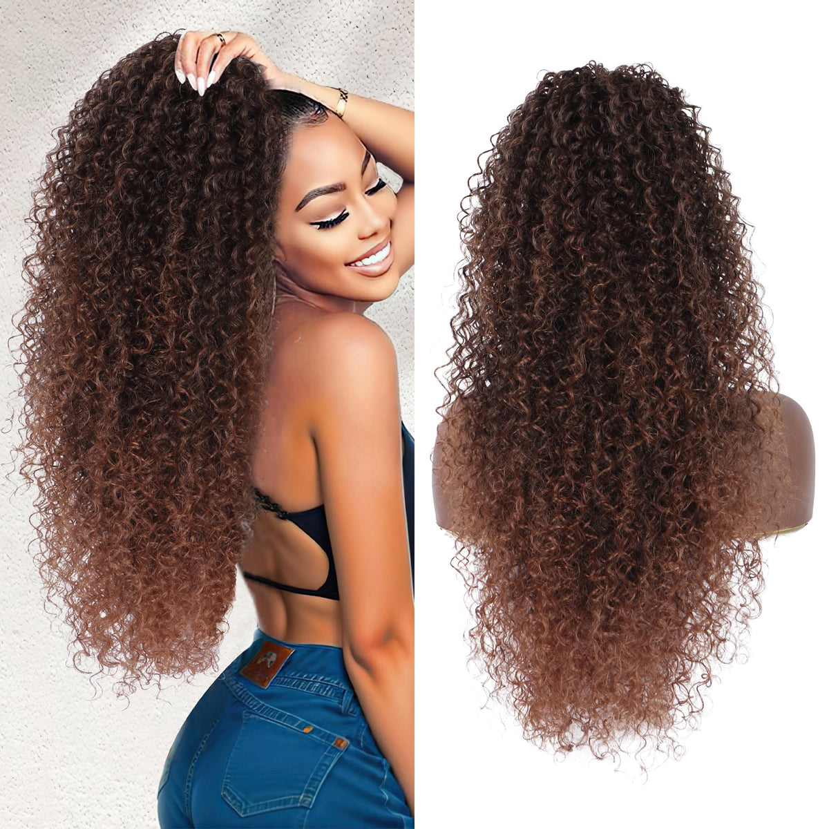 Alebery 27-inch deep curly brown ponytail provides quick, natural-looking volume.