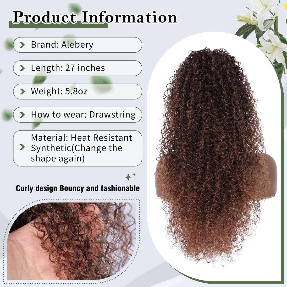 Alebery deep curly ponytail demonstrates lightweight, comfortable wear.