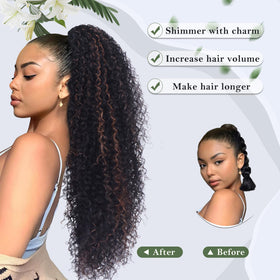 Alebery brown-highlight deep curly pony tail provides natural volume and length.