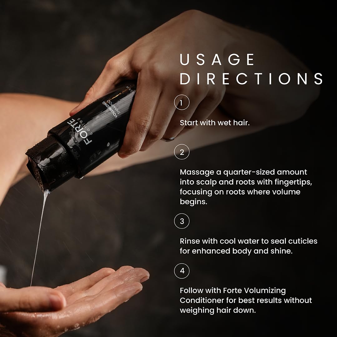 Alex Costa FORTE bottle beside hair showing reduced scalp visibility