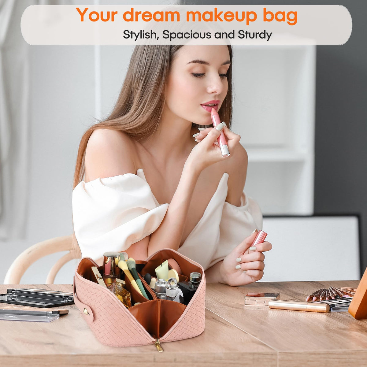 ALEXTINA PU leather makeup organizer interior shows easy-clean surface and divider