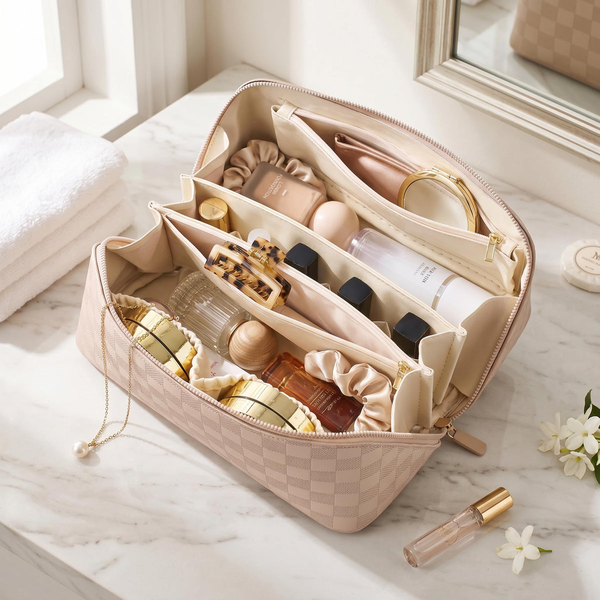 ALEXTINA spacious two-compartment layout helps separate cosmetics and toiletries efficiently.
