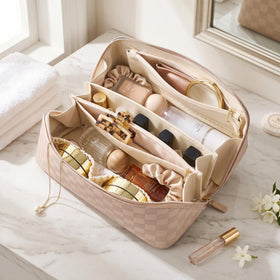 ALEXTINA spacious two-compartment layout helps separate cosmetics and toiletries efficiently.