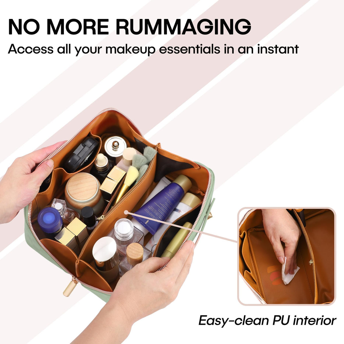 ALEXTINA bag shows fixed divider for organized makeup storage.