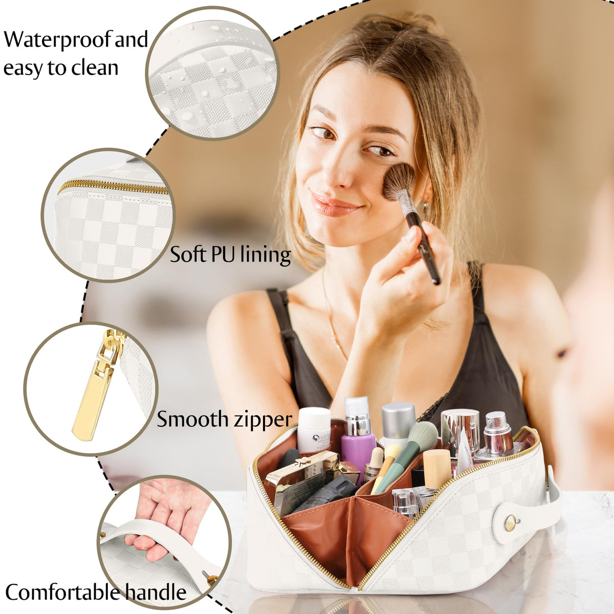 ALEXTINA interior compartments keep cosmetics organized and easy to locate.
