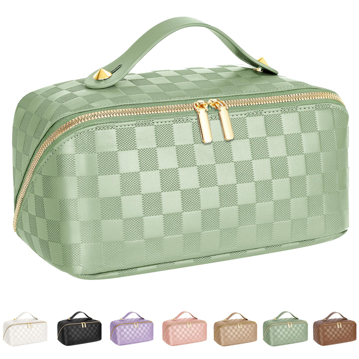 ALEXTINA travel makeup bag open flat for quick access to cosmetics.