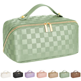 ALEXTINA travel makeup bag open flat for quick access to cosmetics.