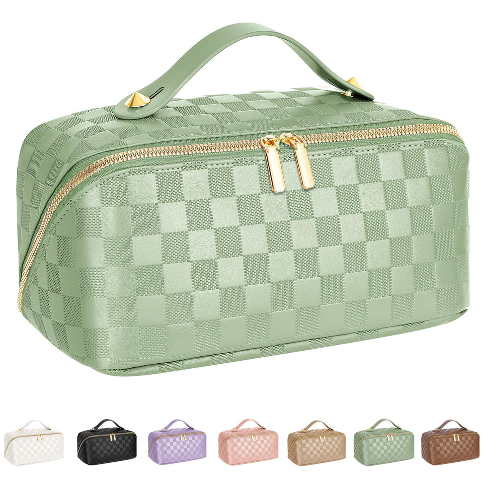ALEXTINA travel makeup bag open flat for quick access to cosmetics.