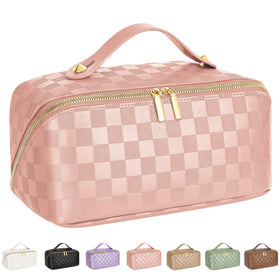 ALEXTINA travel makeup bag open flat for quick access during trips and touch-ups.
