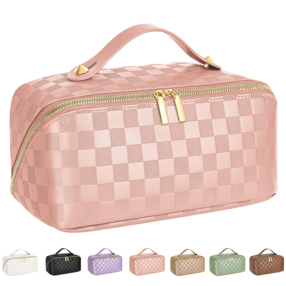ALEXTINA travel makeup bag open flat for quick access during trips and touch-ups.