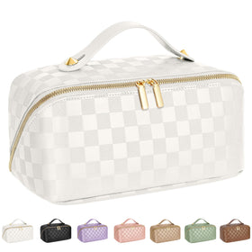 ALEXTINA travel makeup bag opens flat for quick access to cosmetics on the go.