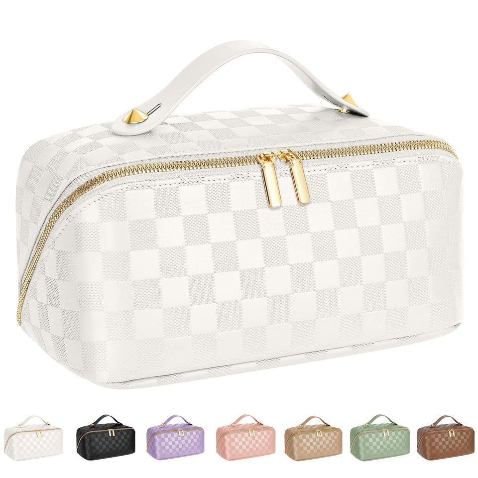 ALEXTINA travel makeup bag opens flat for quick access to cosmetics on the go.