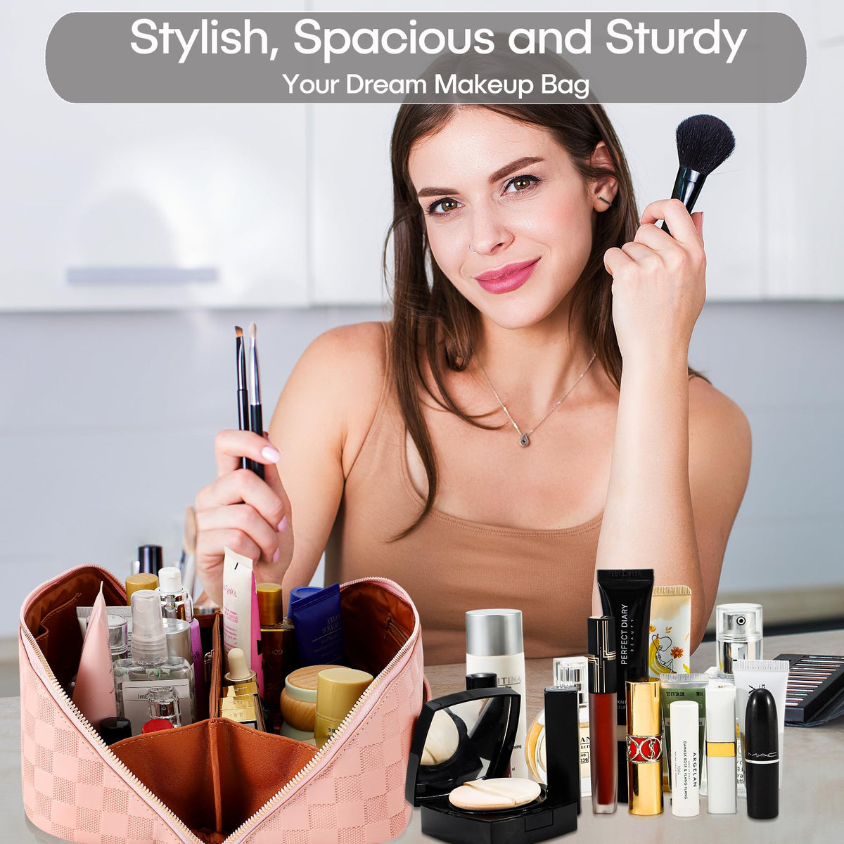 ALEXTINA travel makeup bag with two compartments keeps cosmetics organized and easy to find.