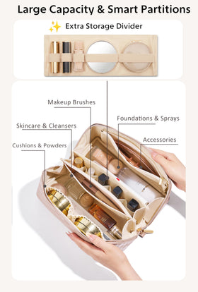 ALEXTINA waterproof cosmetic bag with upgraded PU leather protects belongings during travel.