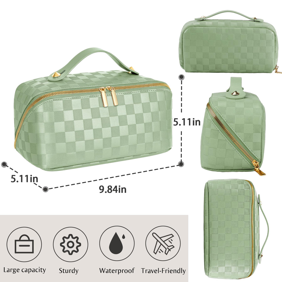 ALEXTINA waterproof PU leather makeup bag protects contents.
