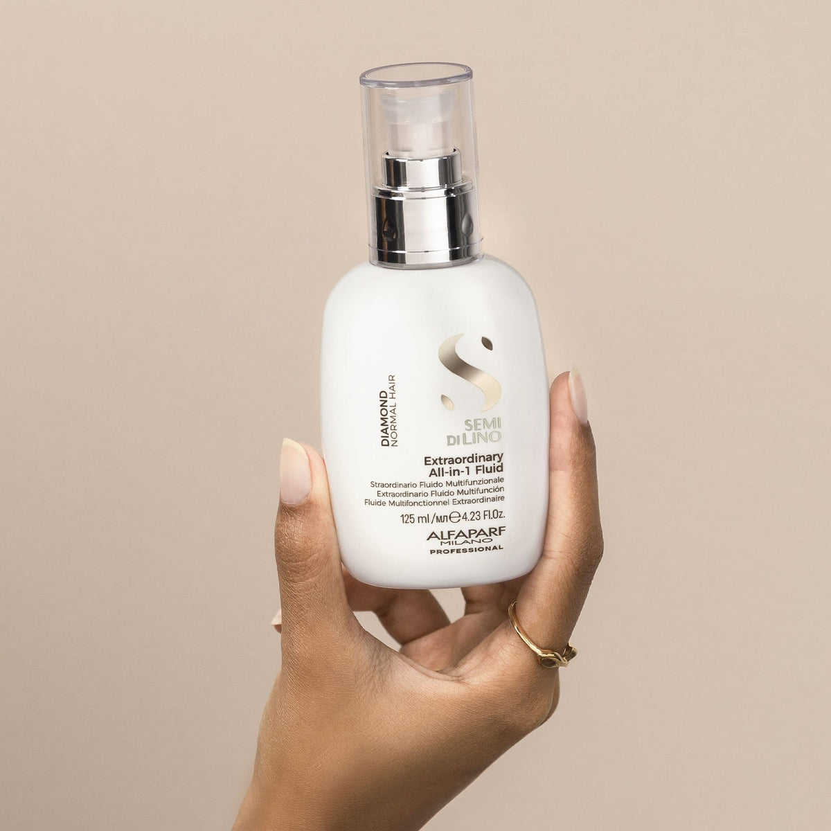All-In-One Leave-In Fluid application provides detangling and extra shine.