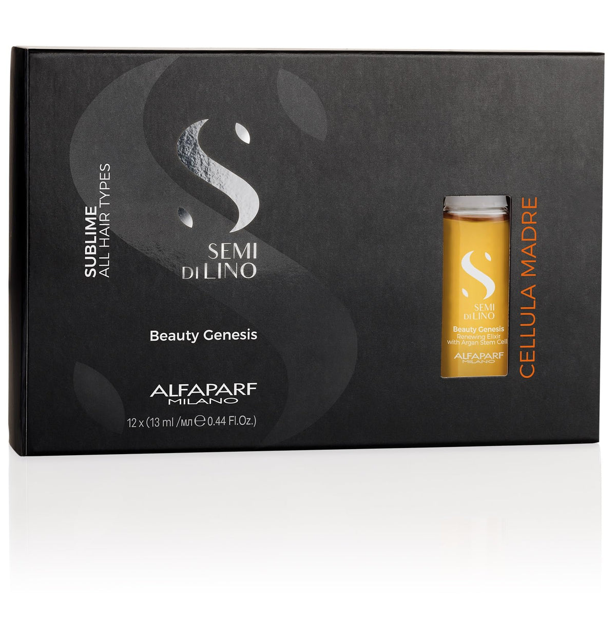 ALFAPARF Milano Beauty Genesis vials close-up showing argan stem cell serum for radiant hair