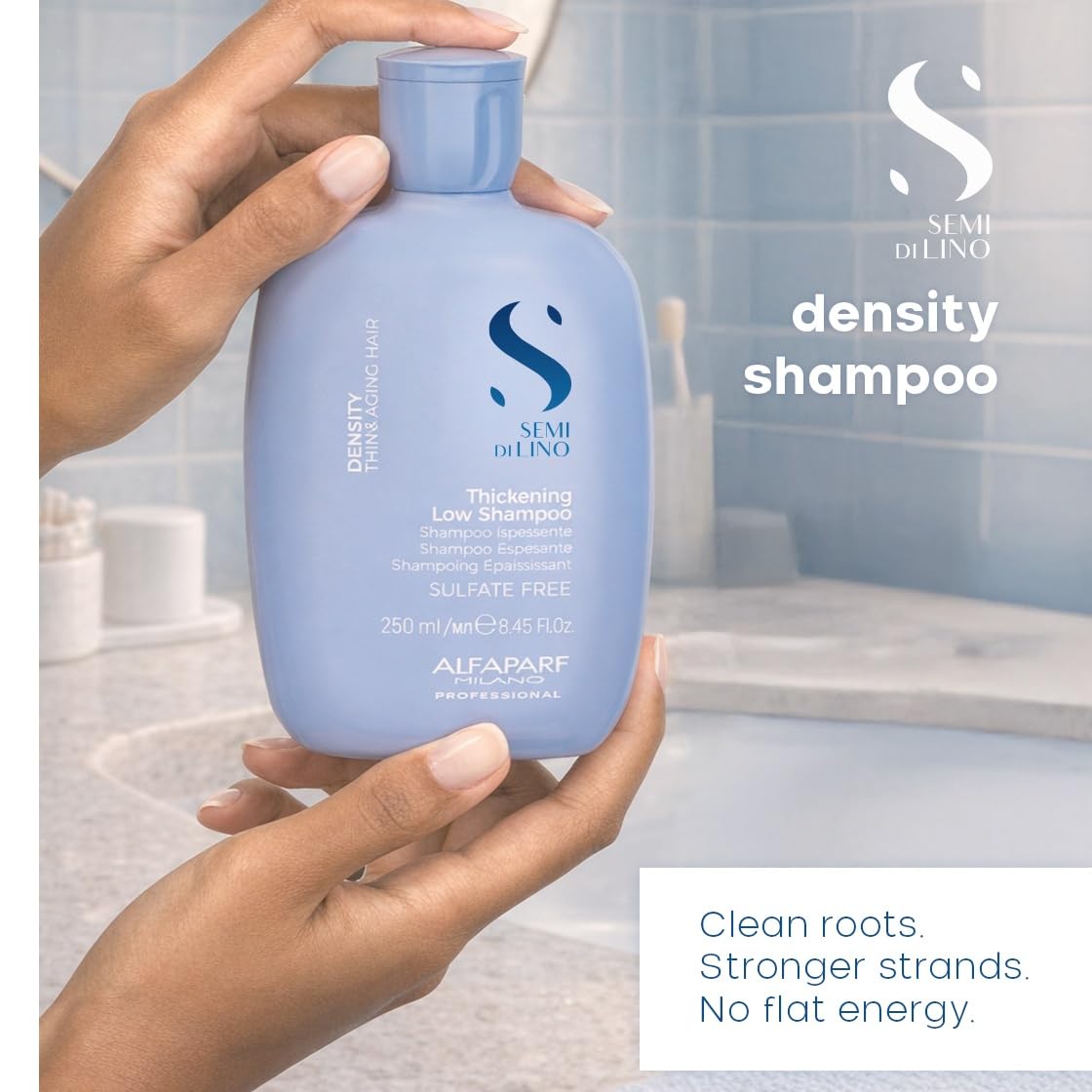 ALFAPARF Milano Density Shampoo peptide complex highlights plump, thicker hair.