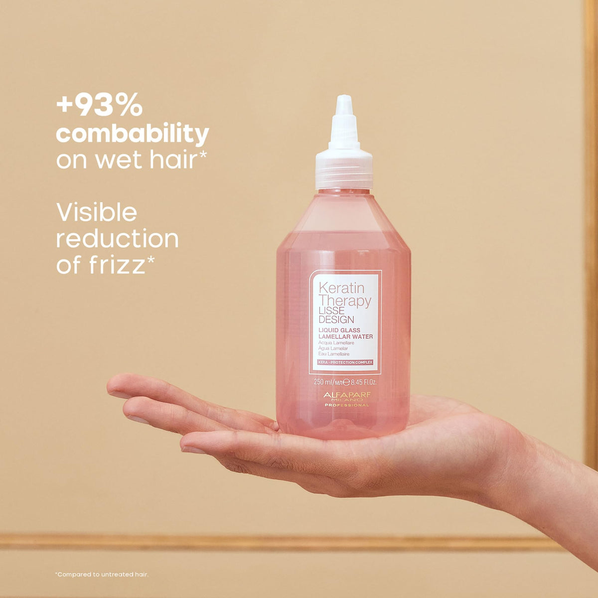 Hair gloss on wet strands delivering detangling and smoothness.
