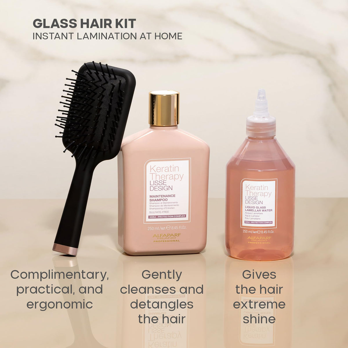 Product display showing salon-quality shine achievable at home with Alfaparf Milano.