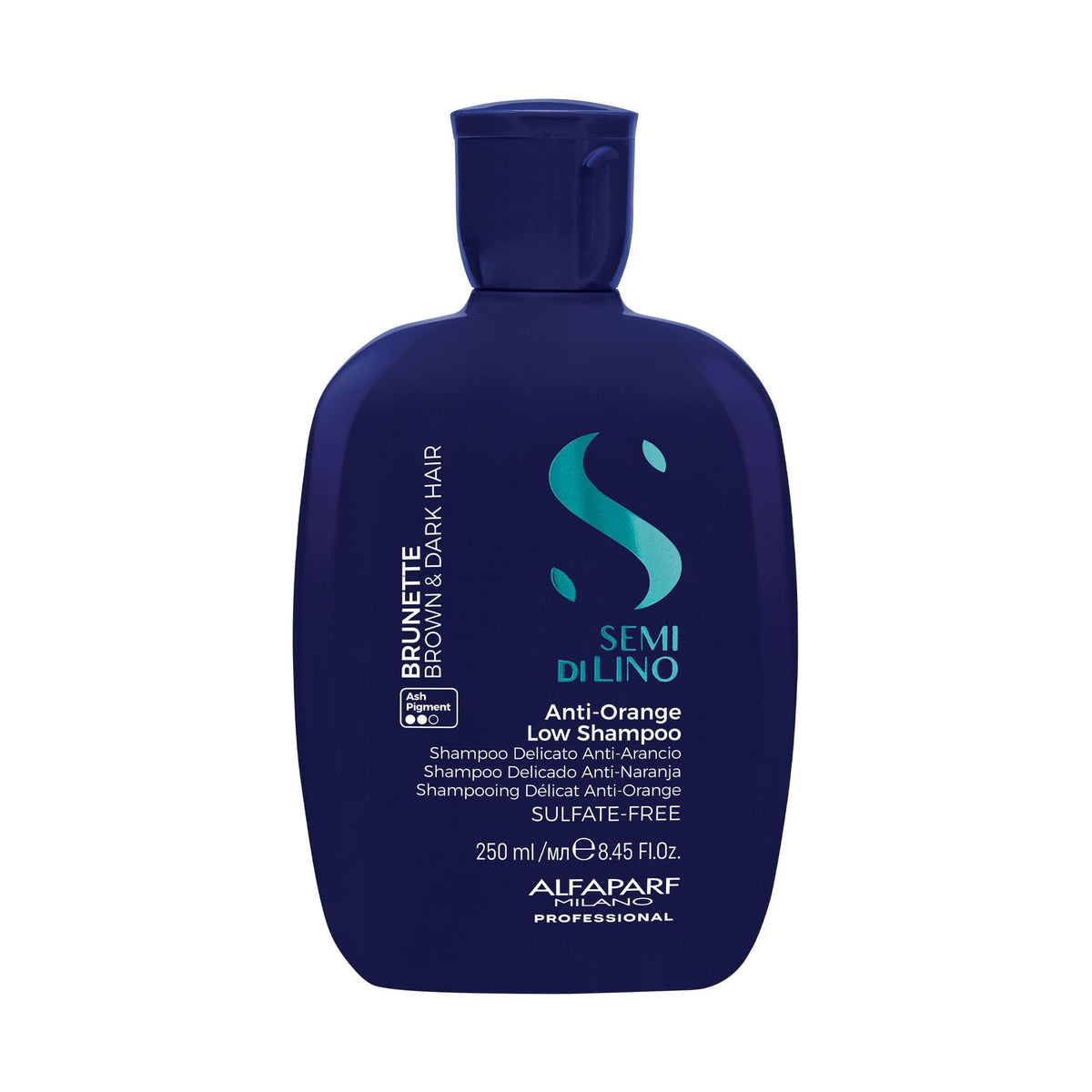 ALFAPARF MILANO Semi di Lino Blue Shampoo bottle for brunette hair neutralizes brass and orange tones.