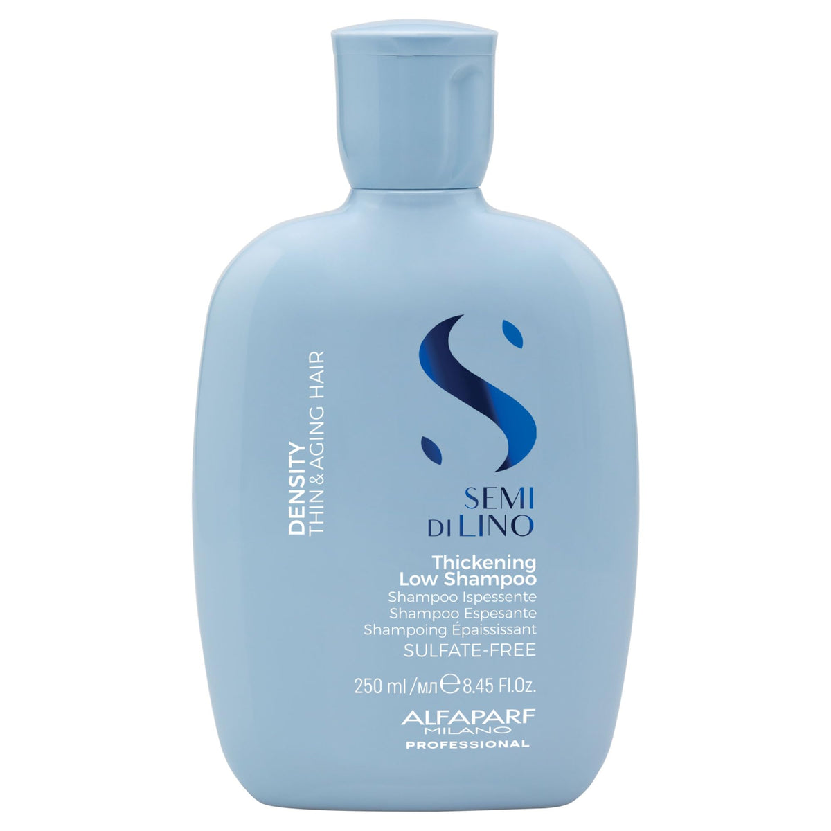 ALFAPARF Milano Semi di Lino Density Shampoo bottle promotes fuller-looking hair.