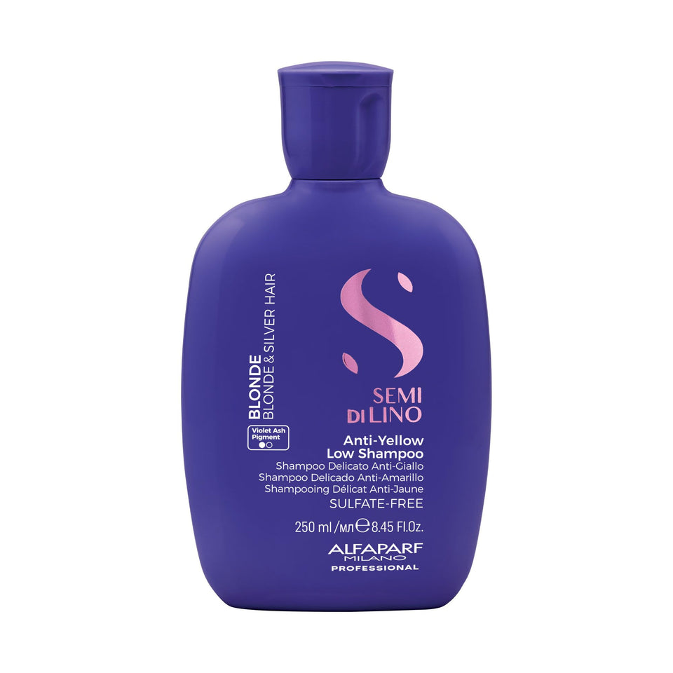 ALFAPARF Milano Semi di Lino Purple Shampoo bottle neutralizes brassiness while hydrating hair