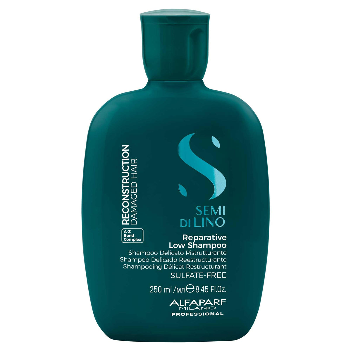 ALFAPARF MILANO reconstruction bond shampoo bottle, sulfate-free formula for damaged hair.