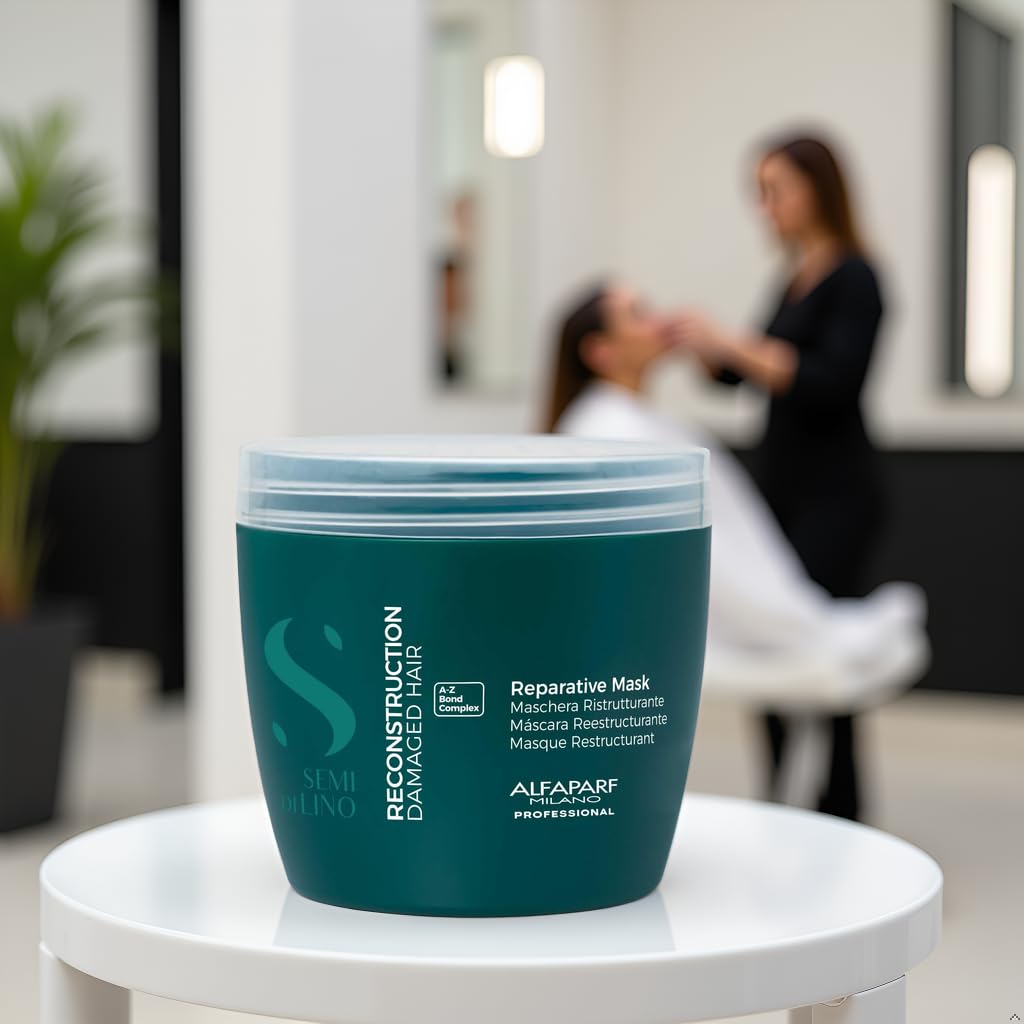 Alfaparf Milano Reconstruction Mask jar close-up emphasizing vegan formula and eco-friendly packaging.