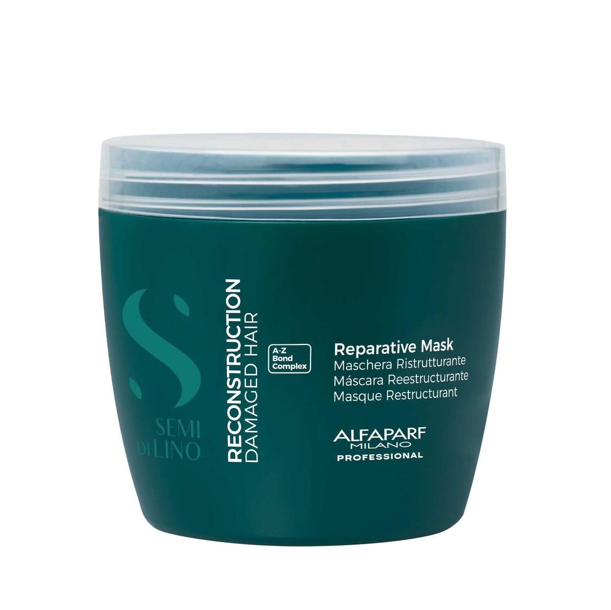 Alfaparf Milano Semi di Lino Reconstruction Mask packaging highlights color-safe deep conditioning.