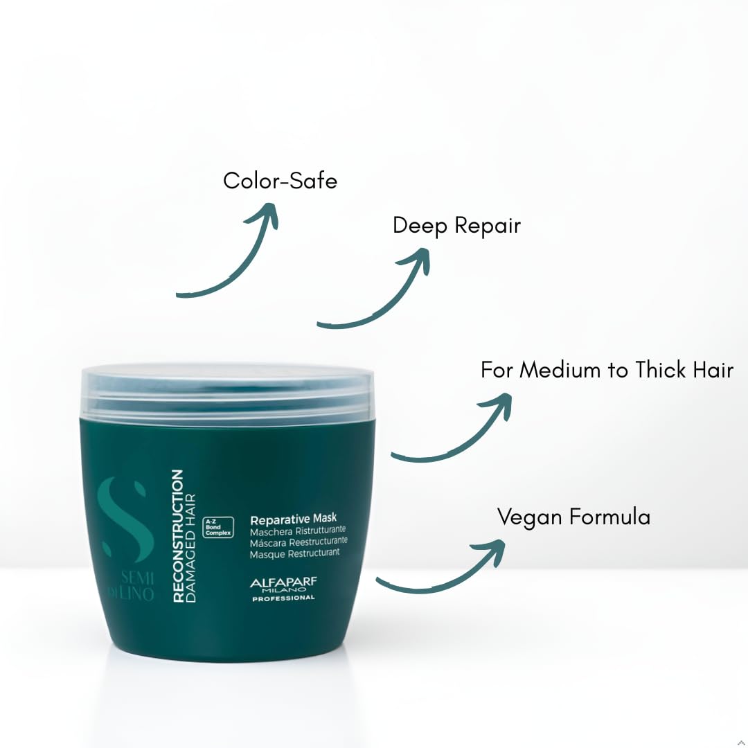 Creamy texture close-up of Alfaparf Milano Reconstruction Mask shows rich conditioning.