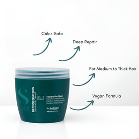 Creamy texture close-up of Alfaparf Milano Reconstruction Mask shows rich conditioning.
