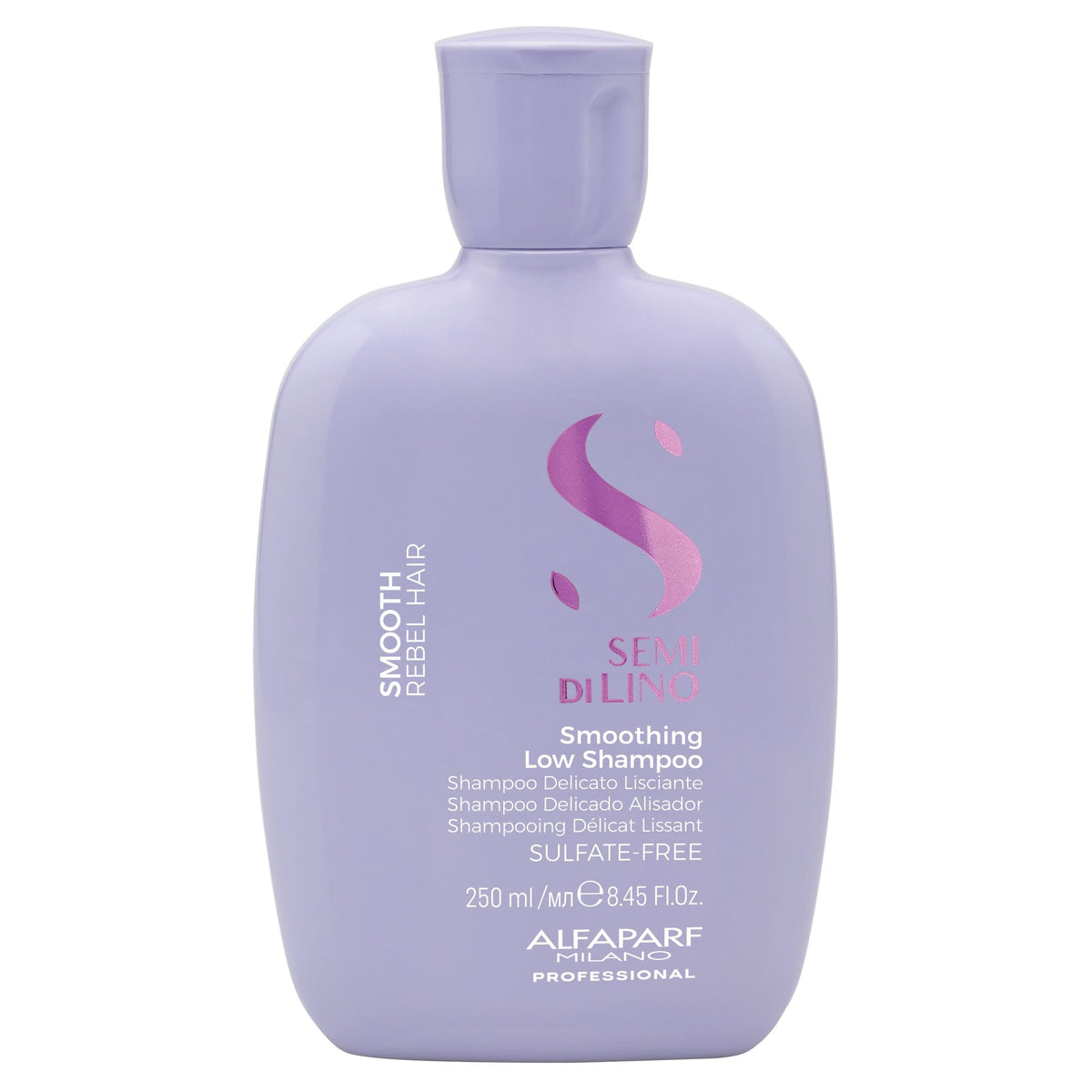 Alfaparf Milano Semi di Lino Smooth low shampoo bottle pour delivers gentle cleansing and frizz control.