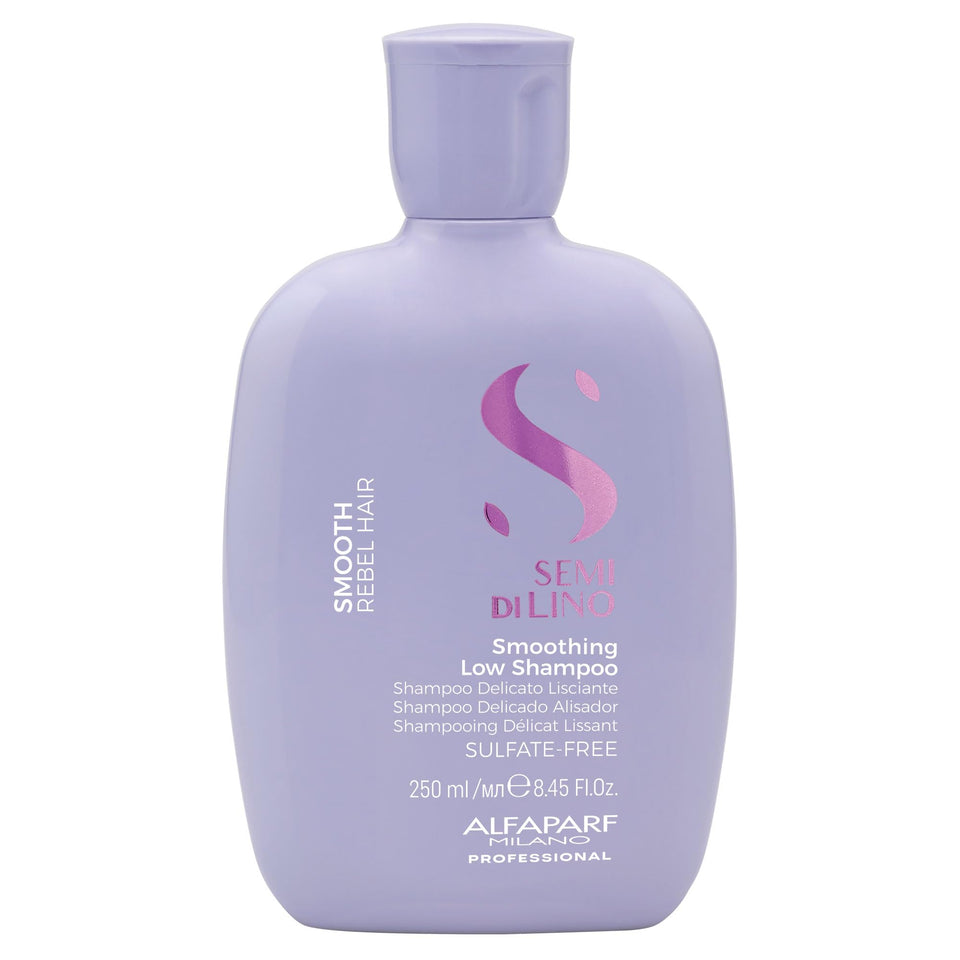 Alfaparf Milano Semi di Lino Smooth low shampoo bottle pour delivers gentle cleansing and frizz control.