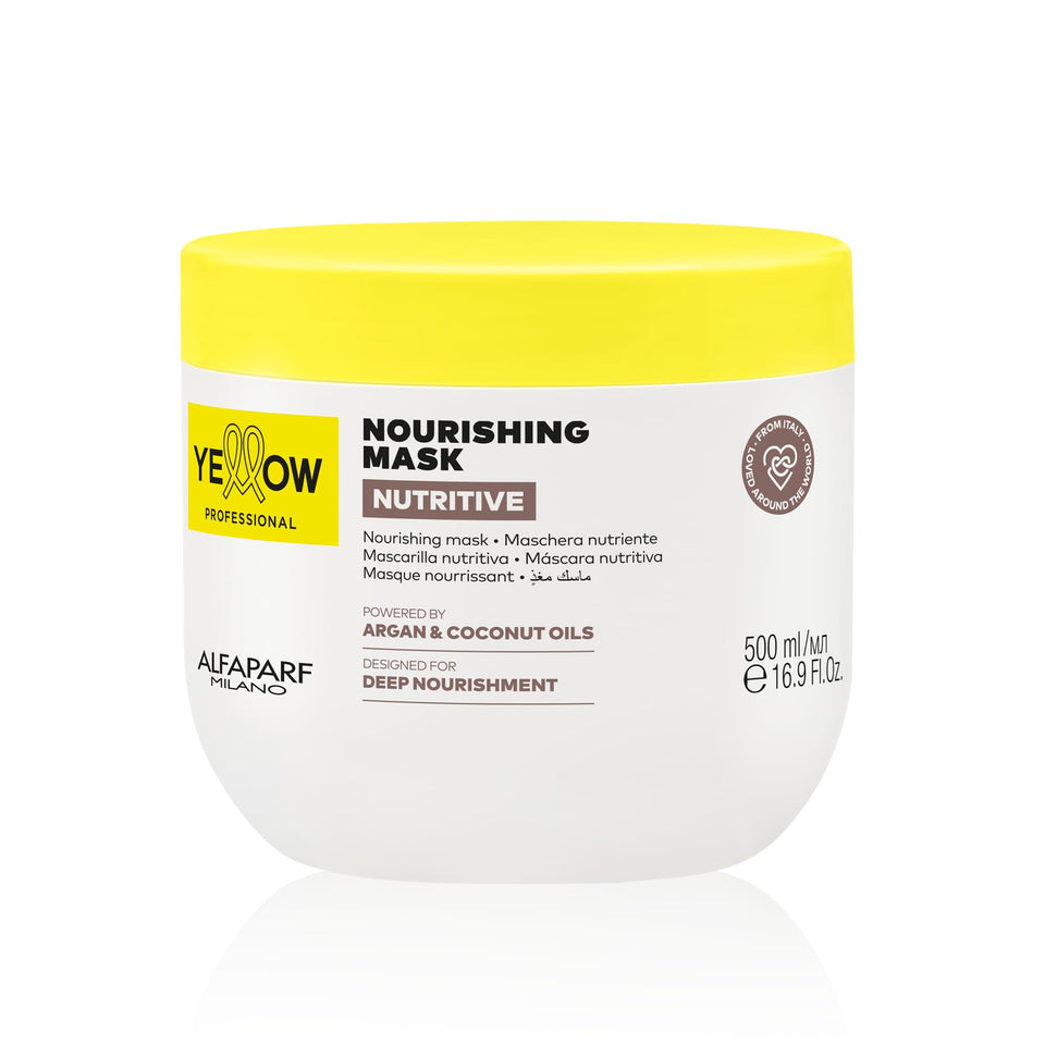 ALFAPARF MILANO Yellow Nutritive Mask bottle highlights argan and coconut oils for deep hydration