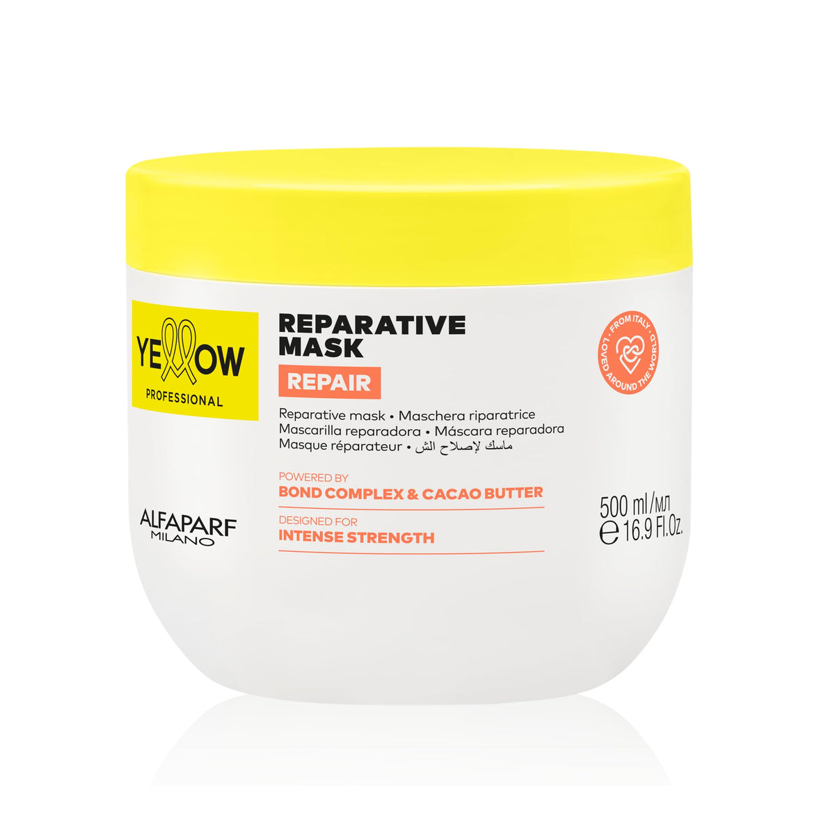 ALFAPARF MILANO Yellow Repair Mask bottle showing reparative formula for damaged hair